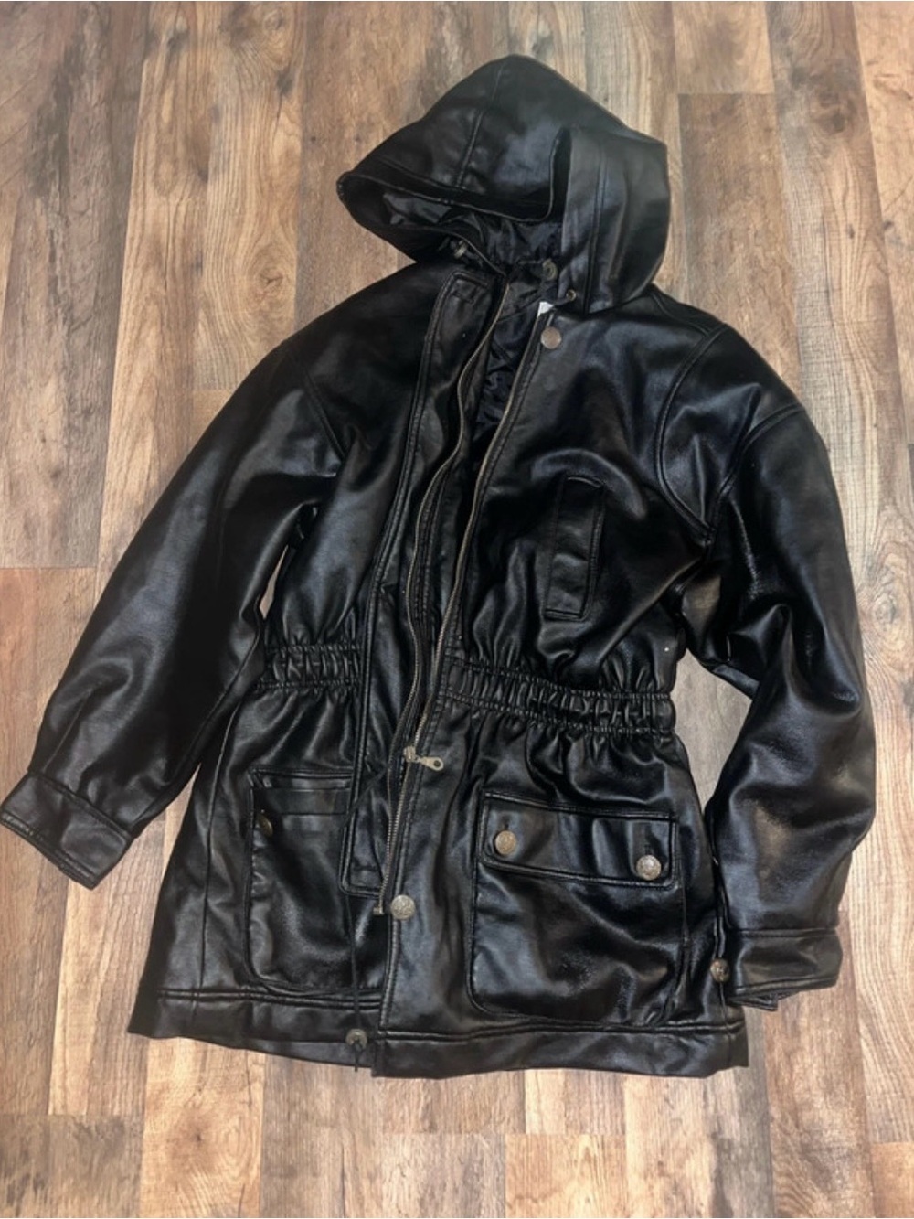 Black Hooded Faux Leather Women's Jacket - Brand: